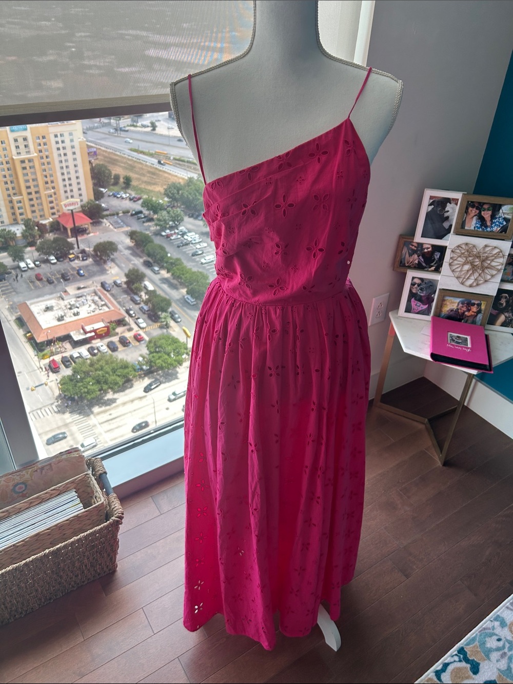 J. Crew One-Shoulder Eyelet Midi Dress in Hot Pink